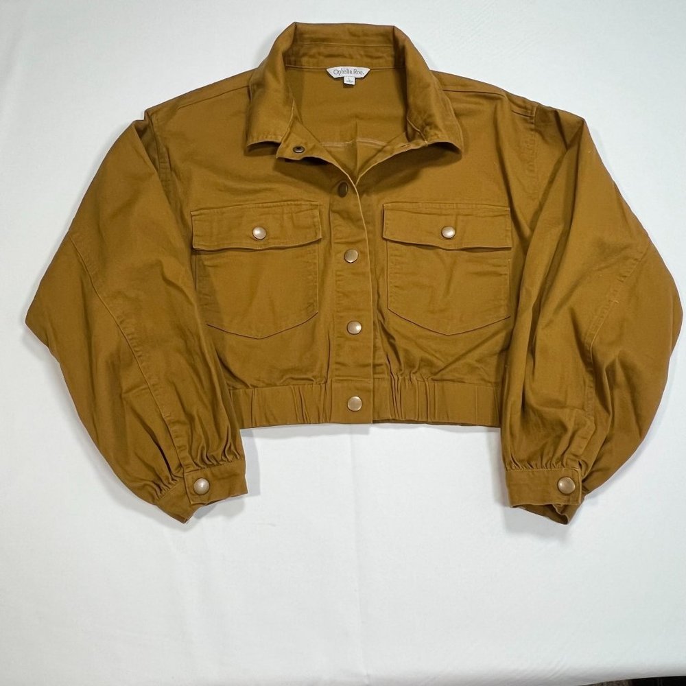 Ophelia Roe Crop Jacket Golden Brown Women's LG Ballon Sleeve Snap Closure